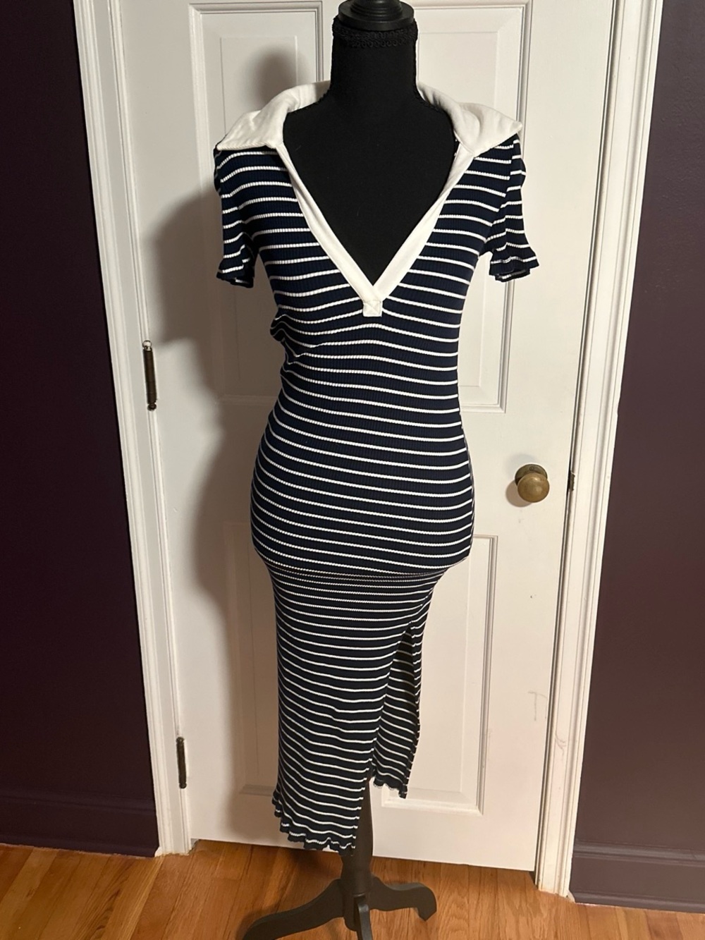 Elodie Navy and White Striped Sailor-Collar Maxi Dress